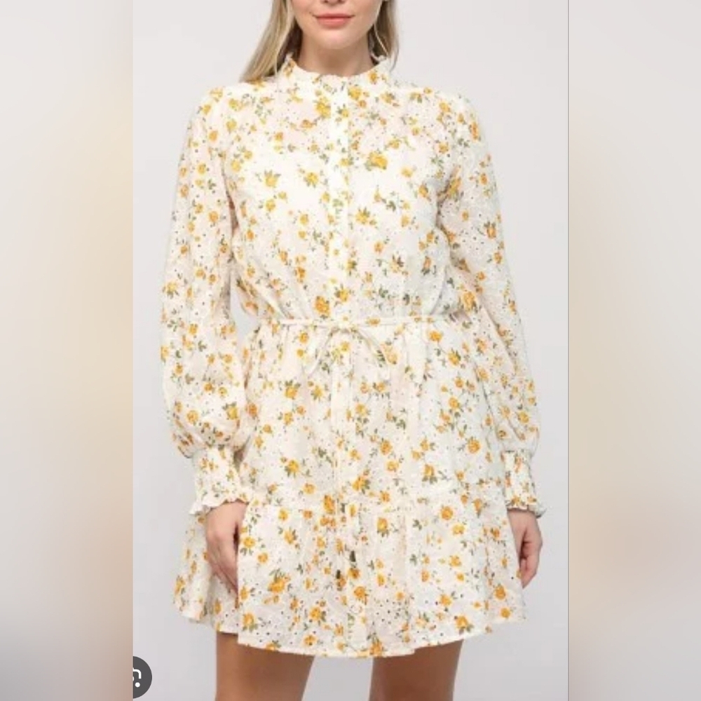 NWT FATE White and Yellow Eyelet Floral Long Sleeve Dress S/M/L Available